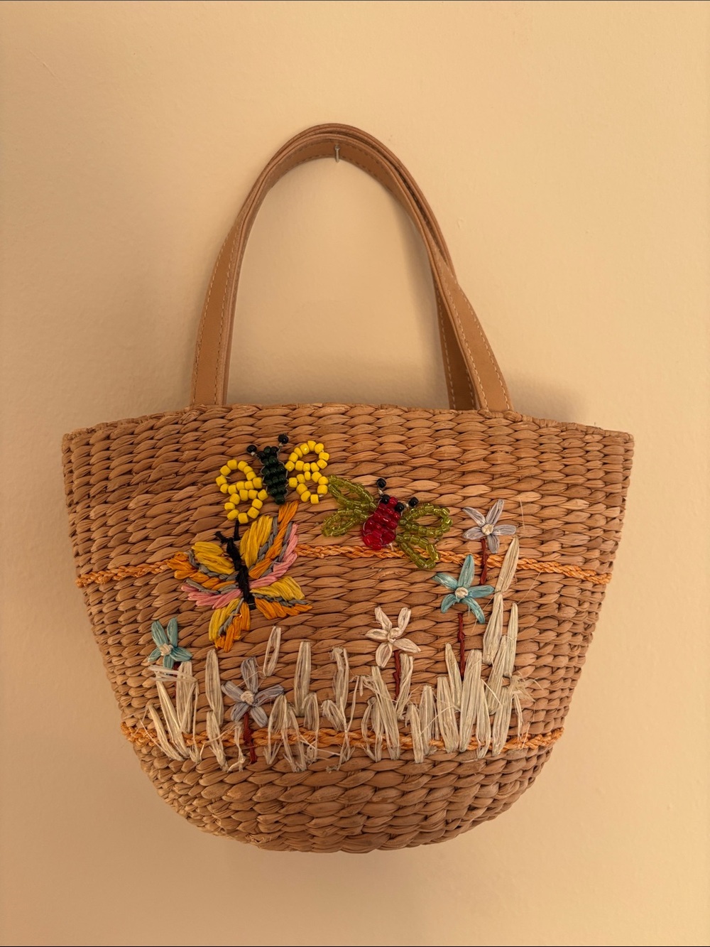 Vintage Amanda Smith Tan Woven Tote with Colorful Floral & Butterfly Embroidery